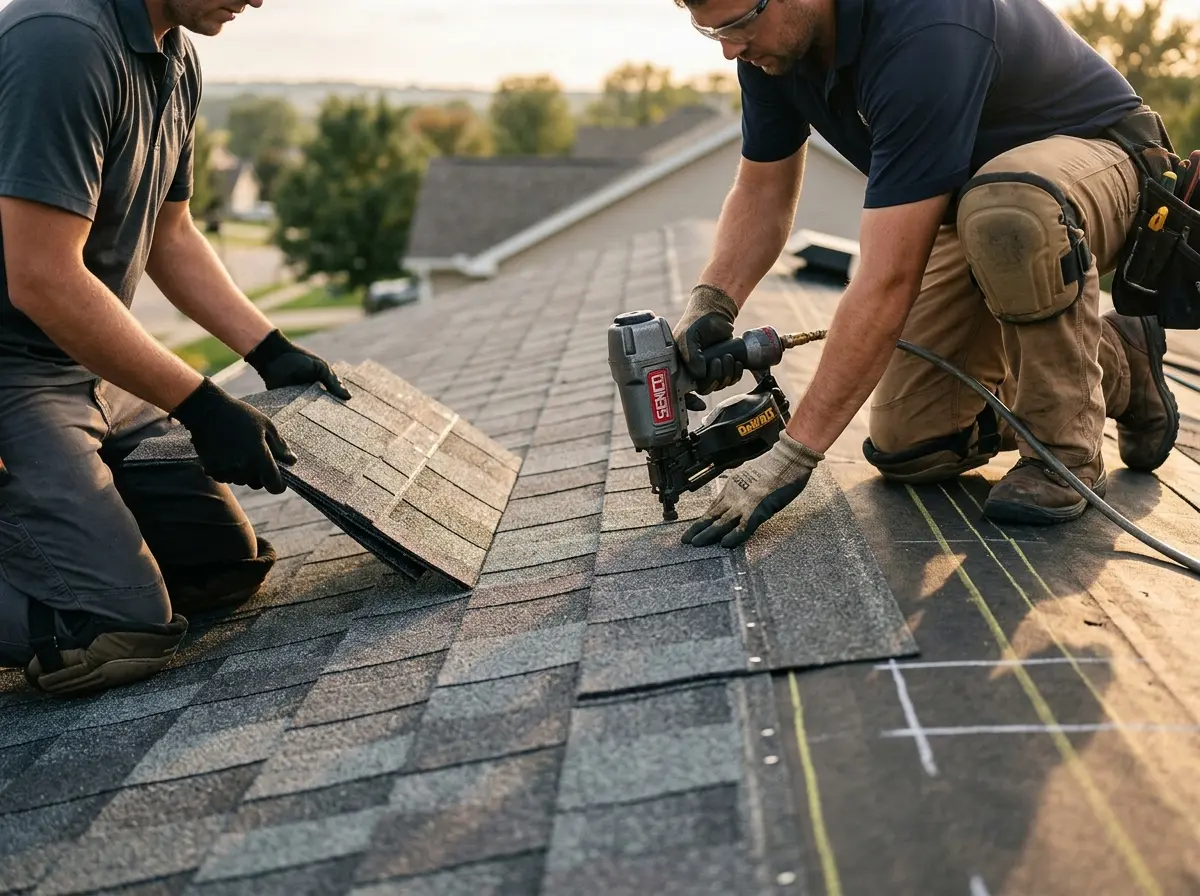 Professional roofer working on a residential roof in Waxahachie